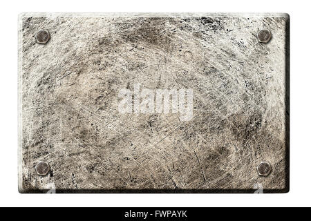 Ancienne plaque en métal griffé fixé avec quatre boulons, isolé sur fond blanc Banque D'Images