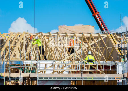 Une équipe de travailleurs à contrat construction bâtiment (charpentiers et menuisiers) travaillant sur la "première fix' travaux structurels sur le toit trussed coquille d'un cadre en bois nouveau bloc d'appartements Appartements Maisons, UK Banque D'Images