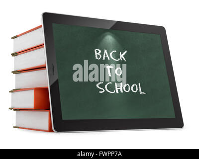 Le rendu d'un tablet pc avec le retour à l'école texte, isolated on white Banque D'Images