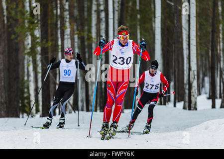 Kyshtym, Russie - le 26 mars 2016 : groupe skieurs athlètes masculins en marche à travers les bois pendant le championnat de ski de fond Banque D'Images