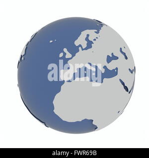 3D-rendu de globe sur fond blanc. Le matériau est rugueuse avec verre blanc mat la terre et l'Europe est au centre. Banque D'Images