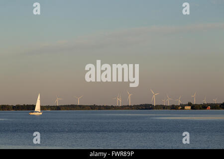 Un voilier fait son chemin passé les éoliennes de l'île Wolfe sur le lac Ontario près de Kingston (Ontario), le 8 septembre 2014. Banque D'Images