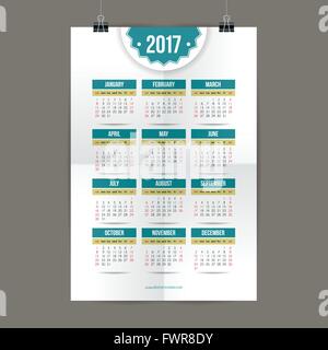 Calendrier 2017 pour la conception. Système anglais ou américain. Début le dimanche. Illustration de Vecteur