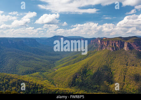 Belle vallée couverte de forêt d'eucalyptus dans la région de Blue Mountains, vu de l'Evans Lookout. Les affleurements rocheux vu de l'aspect de l'écho Banque D'Images