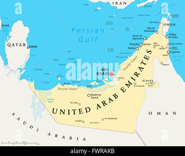 Émirats arabes unis Emirats Arabes Unis carte politique avec capital Abu Dhabi, les frontières nationales, les villes importantes et les plans d'eau. L'anglais. Banque D'Images