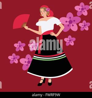 Costume traditionnel espagnol espagne iypsy girl woman wearing dress blanc noir Illustration de Vecteur