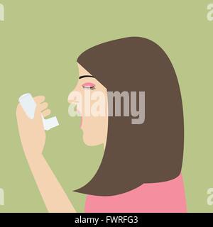 Woman holding asthme inhalateur illnes vector cartoon télévision illustrationj souffle medical health Illustration de Vecteur