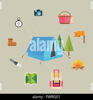 Camping Randonnées icon set de map aventure drapeau boussole tente illustration Illustration de Vecteur