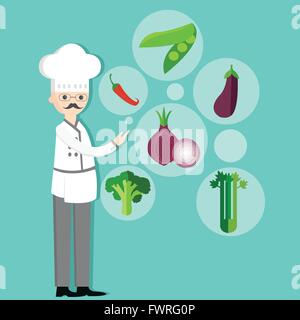 Cartoon caractères chef avec chapeau et légumes ingrédients végétariens oignons, petits pois, brocolis, chili Illustration de Vecteur