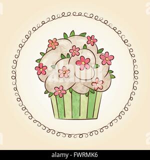 Aquarelle avec vecteur cupcake fleurs et feuilles. Idéal pour le menu pour cafés et restaurants. Vector illustration Illustration de Vecteur
