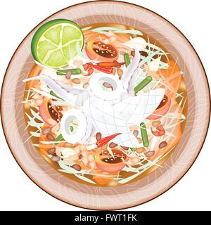 Cuisine et nourriture, salade de papaye verte avec des calmars cuits. L'un des plats les plus populaires en Thaïlande. Illustration de Vecteur