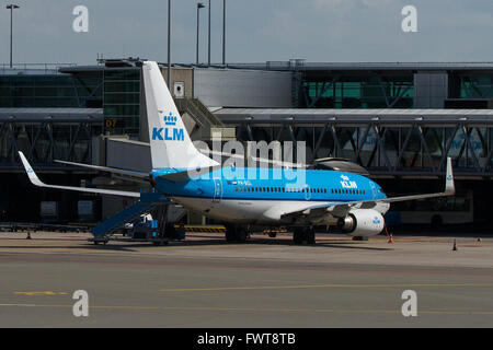 Avion de KLM se dresse sur le tarmac de l'aéroport de Schiphol à Amsterdam, aux Pays-Bas. Aug, 4, 2014. Banque D'Images