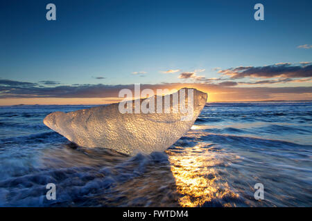 Bloc de glace fondante lavés sur plage le long de la côte de l'océan Atlantique à Breidamerkursandur black sands en hiver, l'Islande Banque D'Images