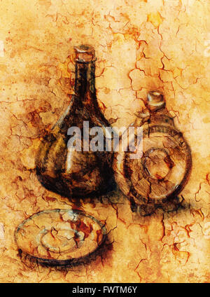 Fiole de dessin et à vin sur papier. Original de la dessiner et effet de couleur. Banque D'Images