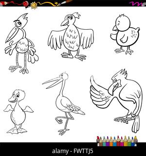 Livre de coloriage Cartoon Illustration de l'ensemble des caractères d'oiseaux drôles Illustration de Vecteur