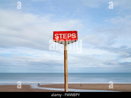 Dog walker sur plage de Whitby, North Yorkshire, Angleterre. UK Banque D'Images