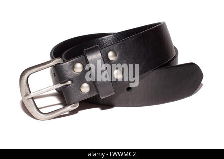 Ceinture en cuir noir avec boucle argent isoler sur fond blanc Banque D'Images