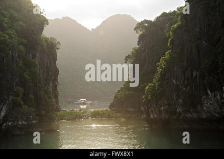 La première lumière sur les îles dans la zone Bai Tu Long de la baie de Ha Long, Province de Quang Ninh, Vietnam Banque D'Images