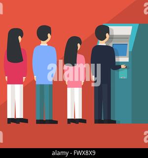 Les gens de la file d'attente en ligne pour retirer de l'argent d'un guichet automatique en libre-service Guichet cartoon vector illustration Illustration de Vecteur