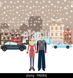 Couple homme femme homme femme debout dans la neige qui tombe l'hiver Veste ville portant sur voiture Street Ville Illustration de Vecteur