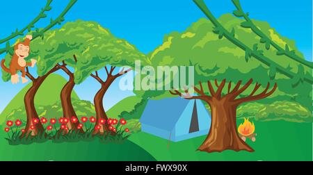 Monkey in jungle cartoon illustration forêt ape hanging tree Illustration de Vecteur
