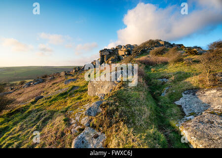 La lumière du soleil du soir sur Helman Tor, un affleurement rocheux de granit près de Bodmin à Cornwall Banque D'Images