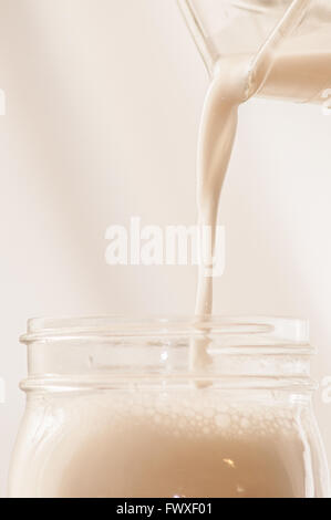 Lait de riz fait maison est versé dans un pot Mason. Banque D'Images