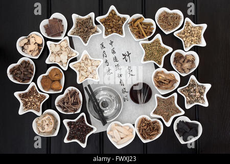 Les aiguilles d'Acupuncture, médecine chinoise à base de plantes et de sélection des bâtonnets de moxa avec la calligraphie script. Banque D'Images
