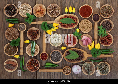 D'épices et d'herbes Chili ingrédients dans des bols en bois, cuillères et lâche sur un chêne de l'arrière-plan. Banque D'Images