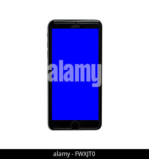 Black réaliste téléphone mobile avec écran blanc bleu Banque D'Images