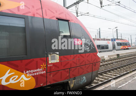 TER (Transports Express Régionaux) train à la gare de Narbonne, Aude, sud de la France. Banque D'Images