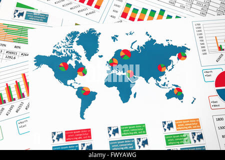 Carte du monde avec les tableaux, graphiques et diagrammes rapport Banque D'Images