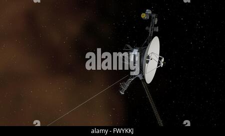 Artiste concept illustration montrant la sonde spatiale Voyager 1 entrer dans l'espace entre les étoiles. L'espace interstellaire est dominé par le plasma et le gaz ionisé qui a été perturbée par des étoiles géantes il y a des millions d'années. La sonde Voyager 1 a été lancée en 1977 et est entré dans l'espace interstellaire en Septembre 12, 2013. Banque D'Images