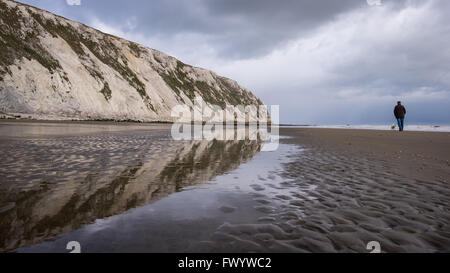 Un homme promenait son chien sur Yaverland Beach dans la baie de Sandown Banque D'Images