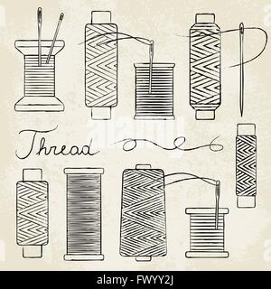 Vintage hand drawn thread les bobines et aiguilles sur vieux papier fond Illustration de Vecteur