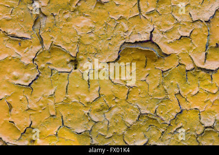 Close-up d'une peinture jaune écaillé d'un mur texture background. Banque D'Images