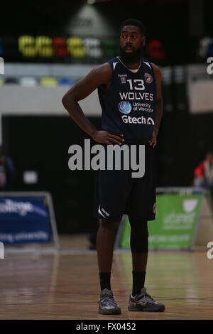 Stratford, au Royaume-Uni. Le 08 Avr, 2016. Boîte de cuivre Arena, Stratford, Royaume-Uni - British Basketball match Leage entre Londres et Lions Loups Worcester - Orlan Jackman de Worcester Crédit : Samuel Bay/Alamy Live News Banque D'Images