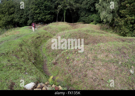 Les vestiges de tranchées françaises sur la Butte de Vauquois, Meuse, France. Banque D'Images