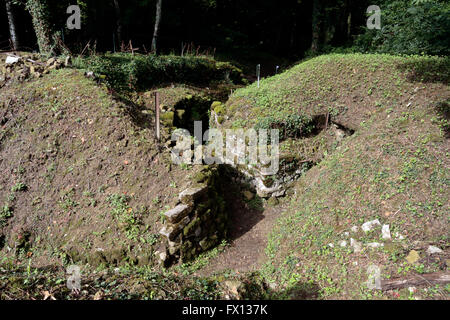 Les vestiges d'une tranchée allemande sur la Butte de Vauquois, Meuse, France. Banque D'Images