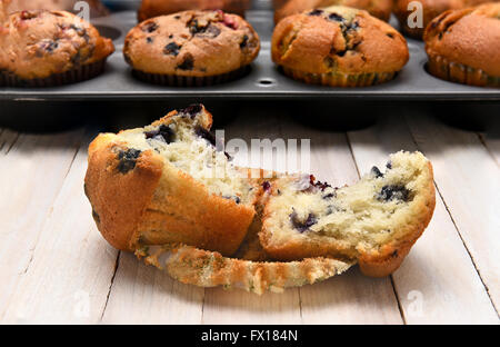 Un muffin aux bleuets en face d'une casserole plein de muffins sortant du four. Libre avec une faible profondeur de champ. Banque D'Images