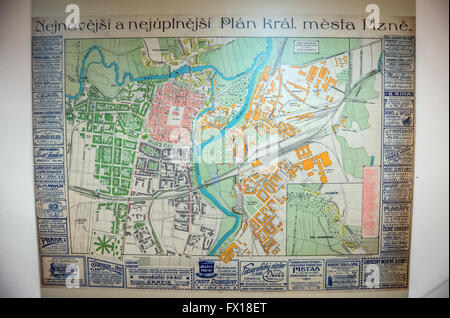 Carte ancienne de Plzen dans Musée de la brasserie à Plzen (Pilsen) ville, République Tchèque Banque D'Images