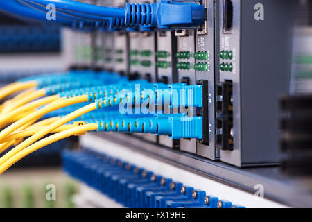 Les câbles à fibre optique connecté à un réseau de ports optiques et câbles connectés aux ports ethernet Banque D'Images