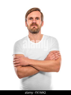Portrait d'un jeune homme avec les mains pliées. Isolé sur un fond blanc. Banque D'Images
