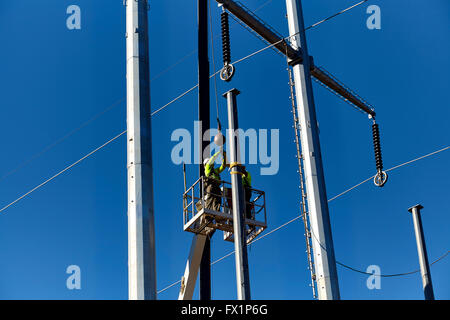 Les travailleurs des services publics dans un panier de grue à flèche d'installer des poteaux électriques Banque D'Images