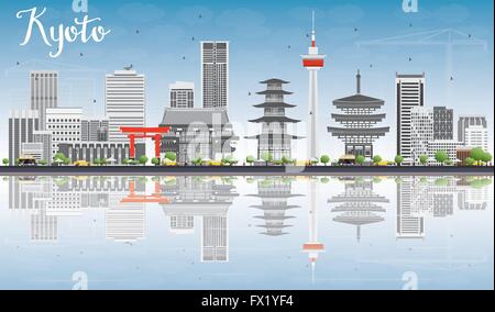 L'horizon de Kyoto avec repères gris, ciel bleu et des réflexions. Vector illustration. Concept touristique ou voyage d'affaires Illustration de Vecteur