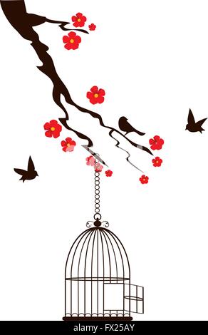 Vector illustration d'une branche de fleurs avec des oiseaux et une cage à oiseaux Illustration de Vecteur