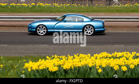 Un luxueux TVR Ecosse super-voiture roulant le long de la route à l'ouest de Kingsway à Dundee, Royaume-Uni Banque D'Images