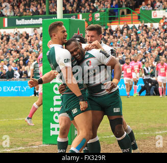 Welford Road, Leicester, UK. 10 avr, 2016. La Coupe des champions européens. Leicester Tigers contre Stade Francais. Vereniki Goneva aile célèbre sa essayez des Tigers : Action Crédit Plus Sport/Alamy Live News Banque D'Images