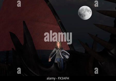 Femme blonde guerrier viking à l'épée et le bouclier à la lune à bord d'un navire de guerre- 3D Rendering Banque D'Images