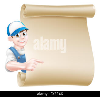 Une caricature de pointage, plombier, mécanicien, bricoleur ou jardinier décorateur leaning autour d'une molette et en montrant un message sur elle Banque D'Images